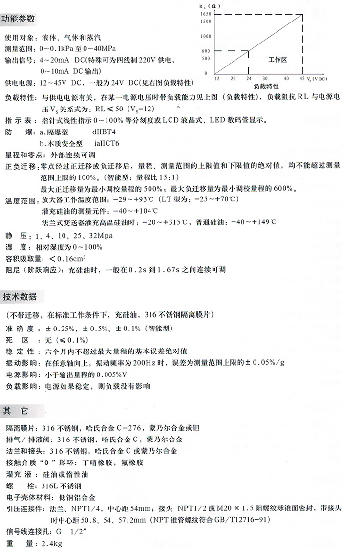 差壓壓力變送器技術參數對照表